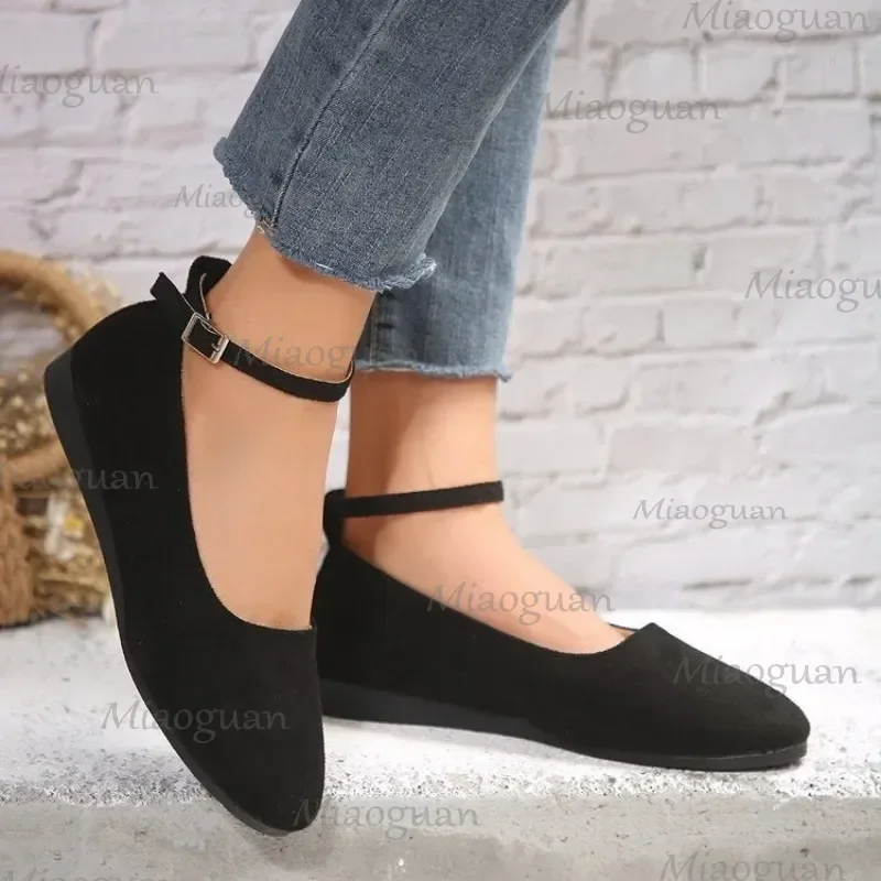

Женские повседневные туфли на плоской подошве с пряжкой на щиколотке, элегантные женские туфли босиком, черные лоферы с острым носком, одинарные туфли на плоской подошве с круглым носком