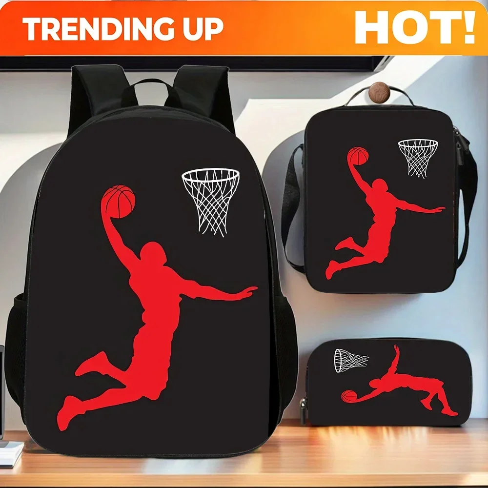 Custom Bag Basketball 3pcs Cartoon Pattern Backpack Set For Students, Lightweight & Foldable With Adjustable Straps, Includes La