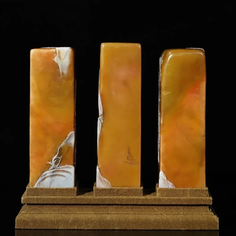 Wooden box Shoushan stone silver wrapped Jintian yellow carved landscape characters thin seal set