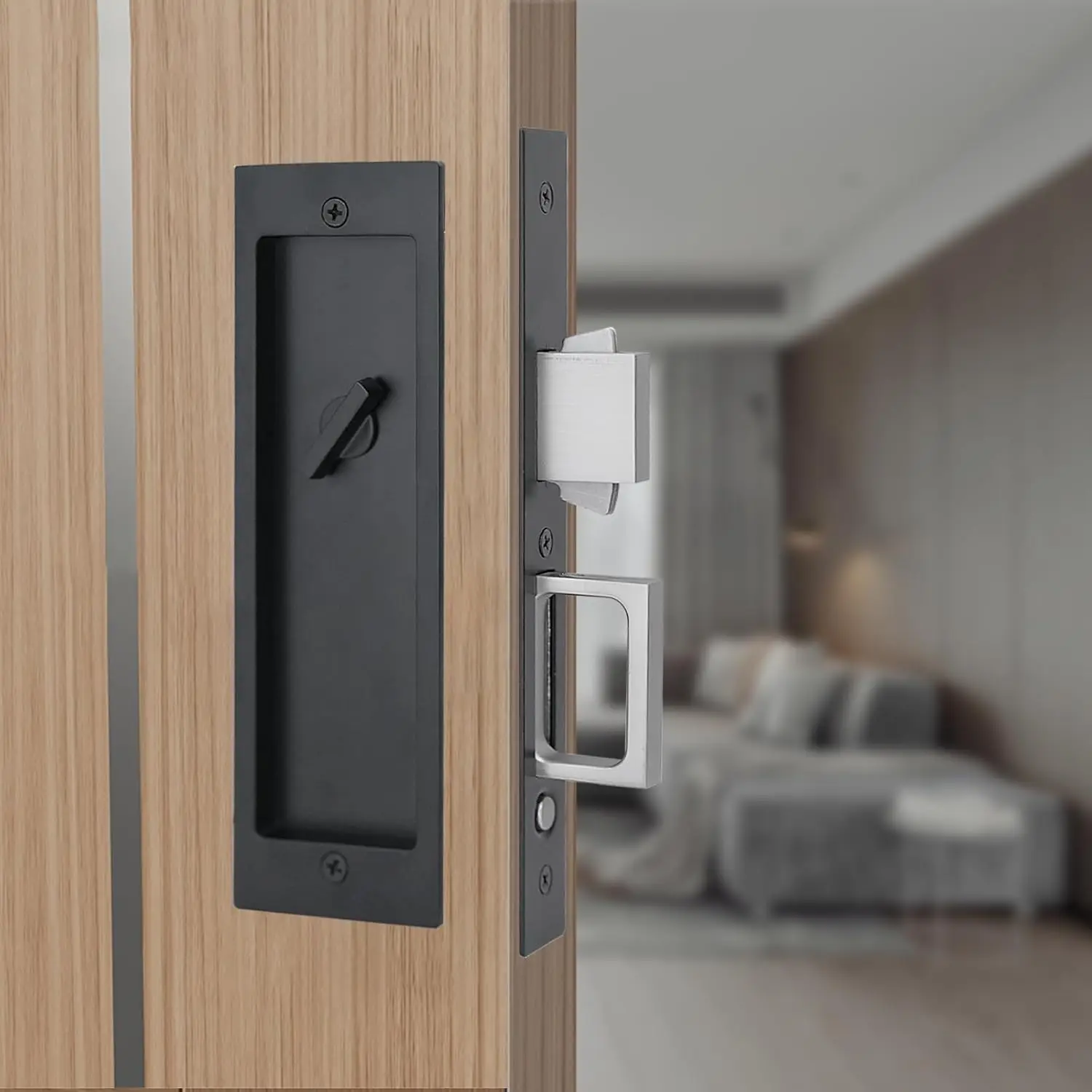 

Privacy Pocket Door Lock with Hidden Handles and Automatic Push Switch