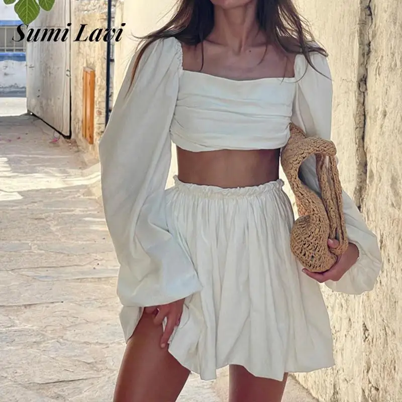 

Women Casual Long Sleeve Solid 2Pc Outfits Sexy Backless Pleated Loose Holiday Sets Fashion Square Collar Top & Mini Skirt Suit