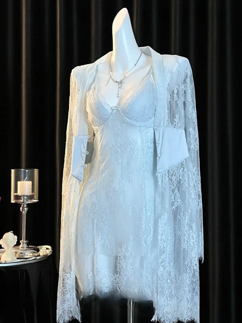 

Backless Deep V Lace Halter Nightdress,High-End Niche Design Lingerie Set,Sheer Mesh Homewear for Women,Slimming Body-Hugging