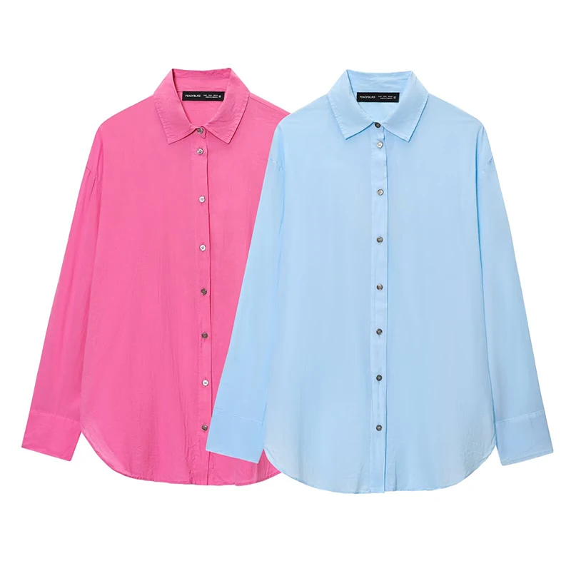 

RAFZNB Women's Fashion Single Breasted Loose Shirts Turn-down Collar Long Sleeve Casual Shirts Female Blouses Tops