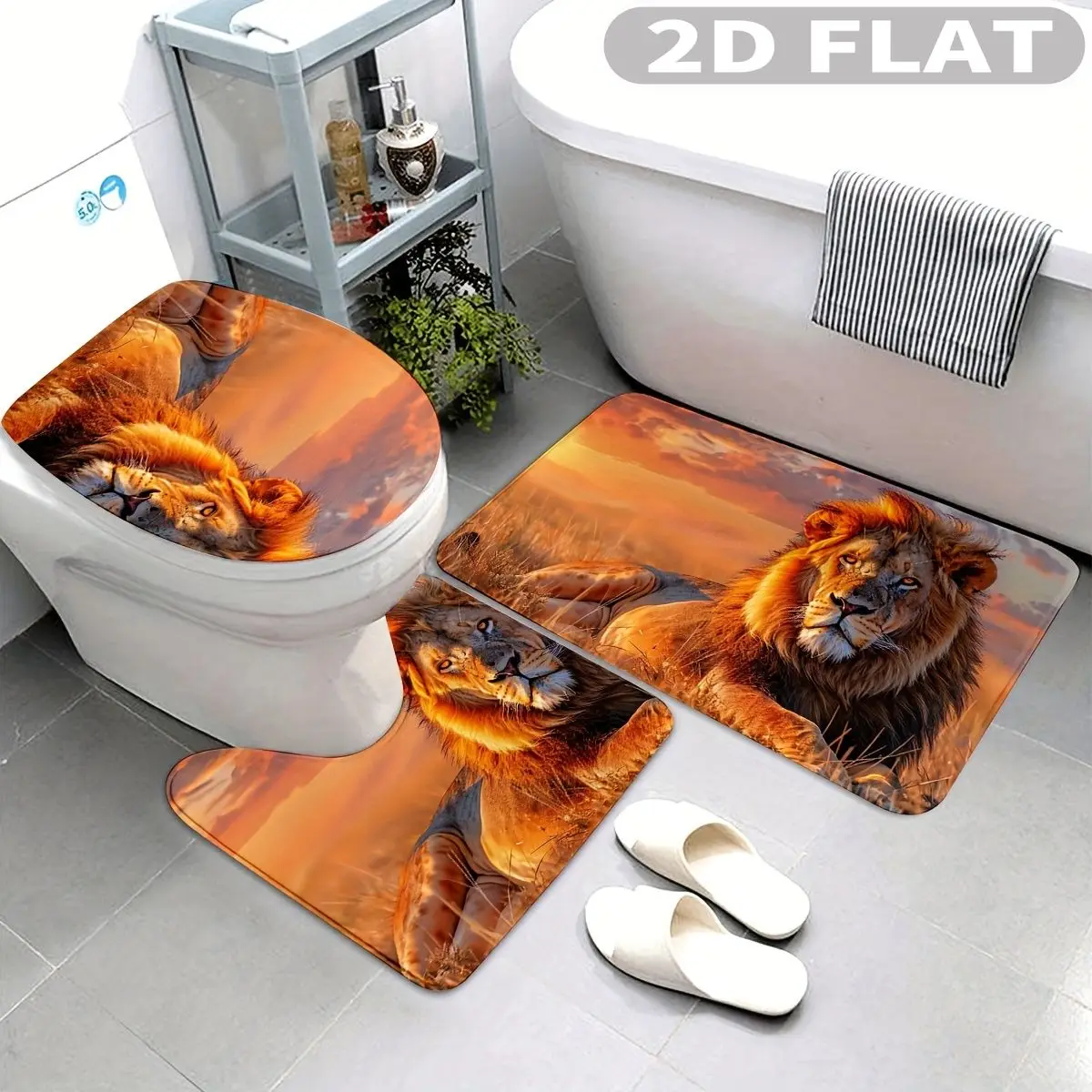 3pcs Bathroom Rug Set Lion Sunset Landscape Print  3pcs Bath Mats Set for Bathroom Non-Slip Cover Mat