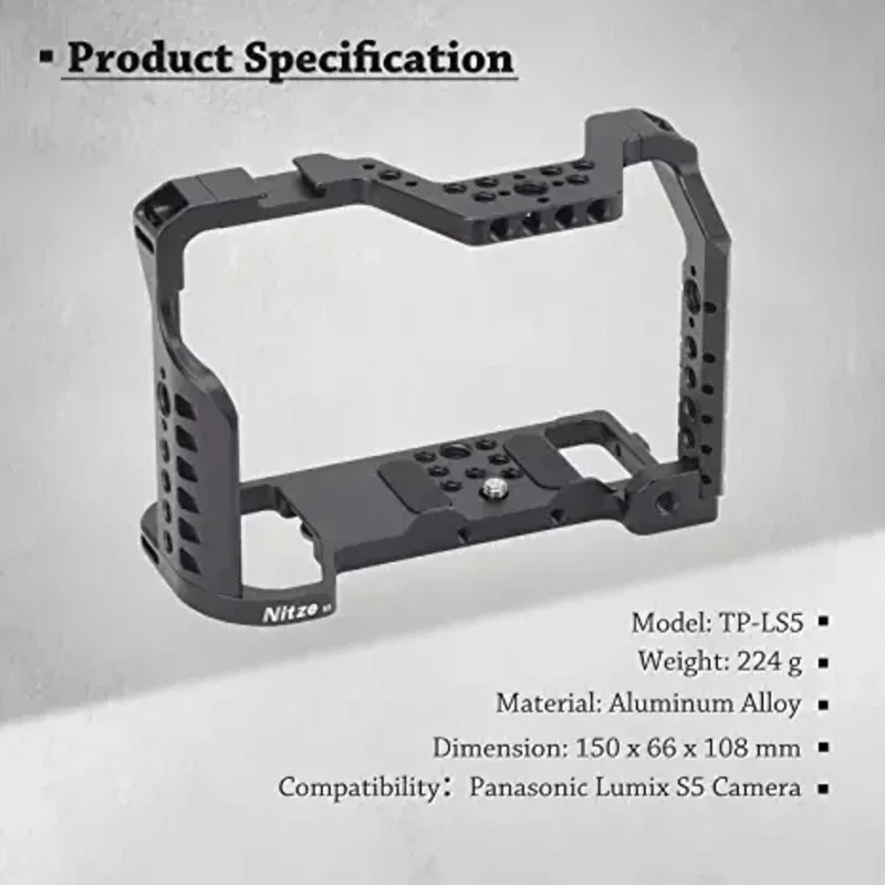 

Nitze S5 Camera Cage for Panasonic Lumix S5 with Built-in NATO Rail Aluminum Alloy Video Camera Cage TP-LS5