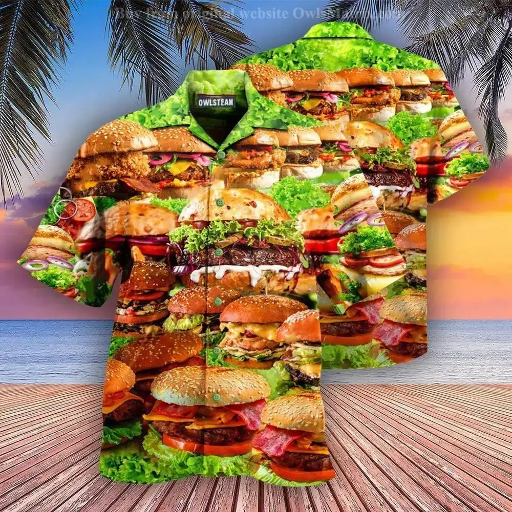 2023 Men\'s Clothing Shirts Binge Hamburger Funny Hip Hop Beach Summer Hawaii Tops Cuban Style Oversize Fat Button