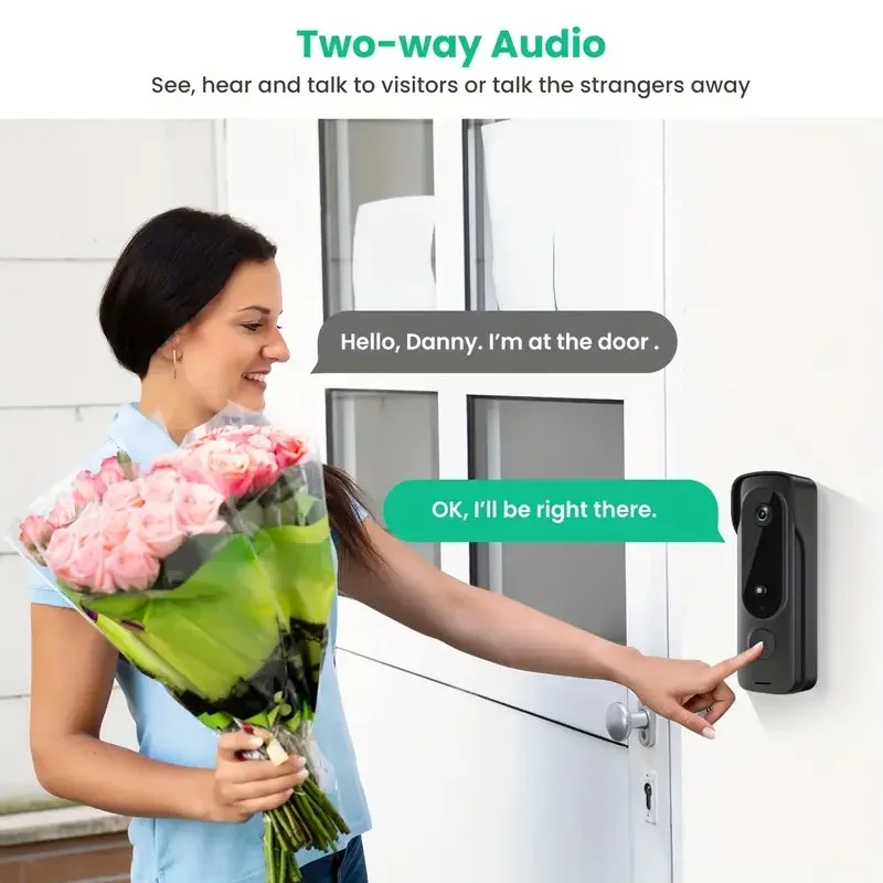 Campainha sem fio externa, capa solar, 1080p, vídeo porteiro, áudio bidirecional, detecção de movimento, olho mágico, câmera de porta, wi-fi