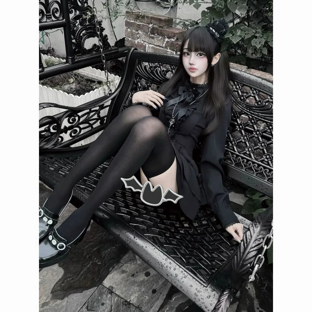 Damen Gothic Mini-Kleid Vintage Spitze Y2k Knopfdesign Streetwear Lolita Slim Kleid Kurzarm Elegantes Kleid Spicy Girls – Detail 9