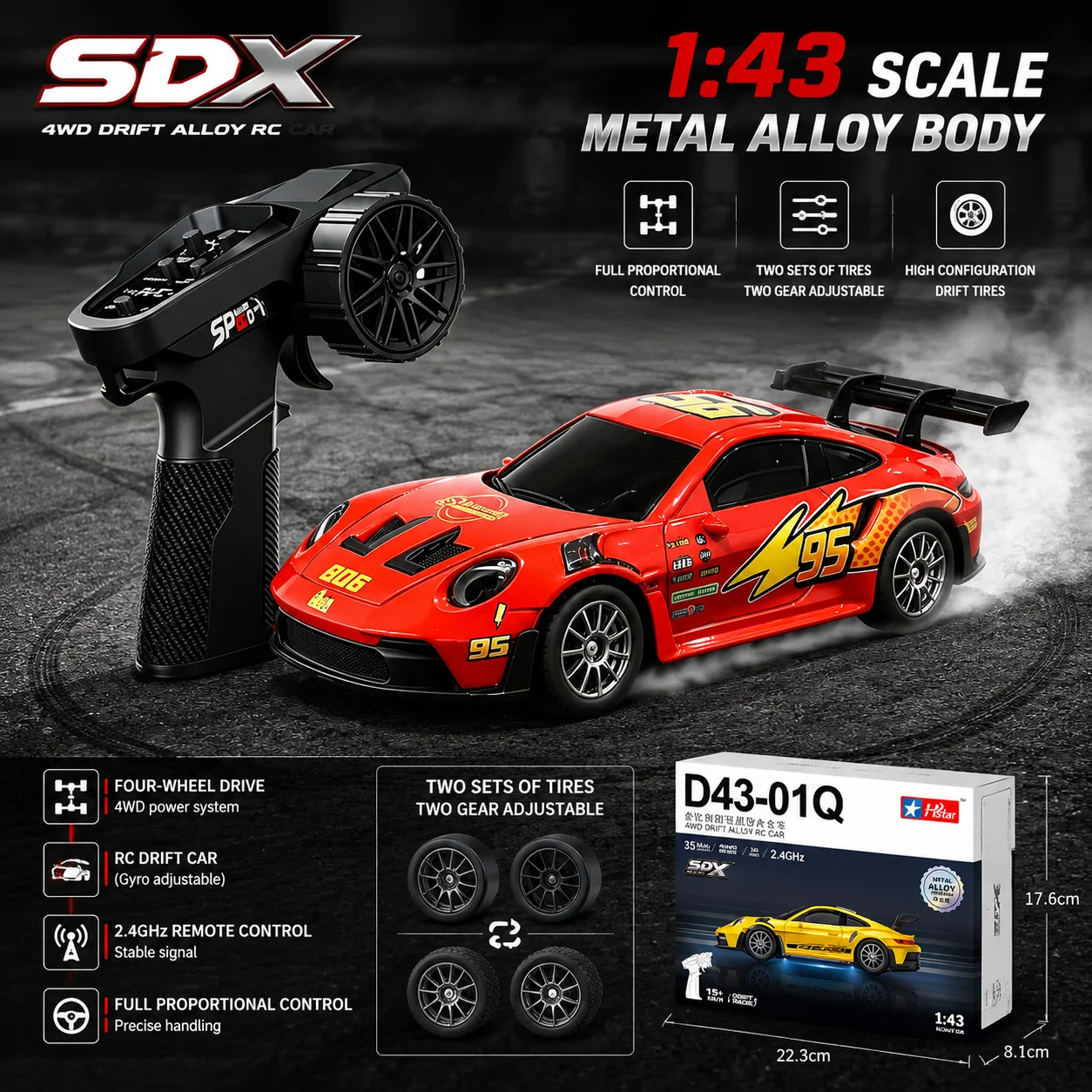 Professional 1:43 RC Drift Car with ESP Gyroscope Full Proportional Control 4WD Metal Body 2 Sets Tires for Realistic Drifting