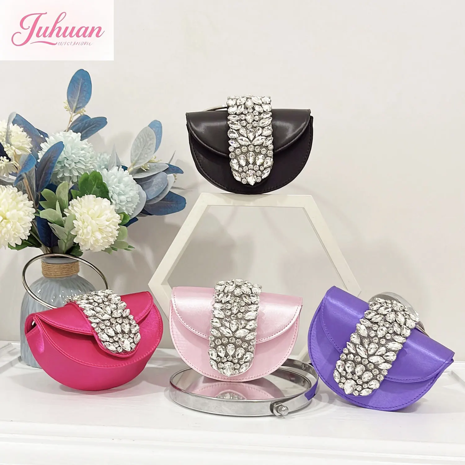 

2025 new product super flash diamond-encrusted dinner bag hand bags women's retro satin crescent shoulder messenger bags girl