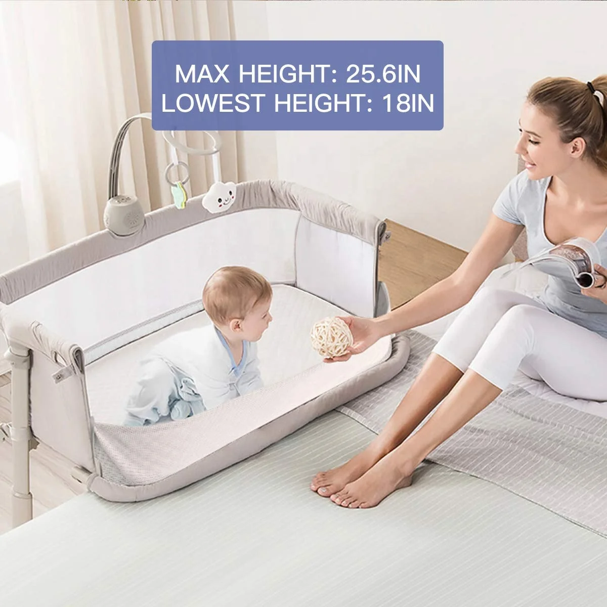 Flexible height metal bed kids crib newborn baby sidebed bassinet with wheels