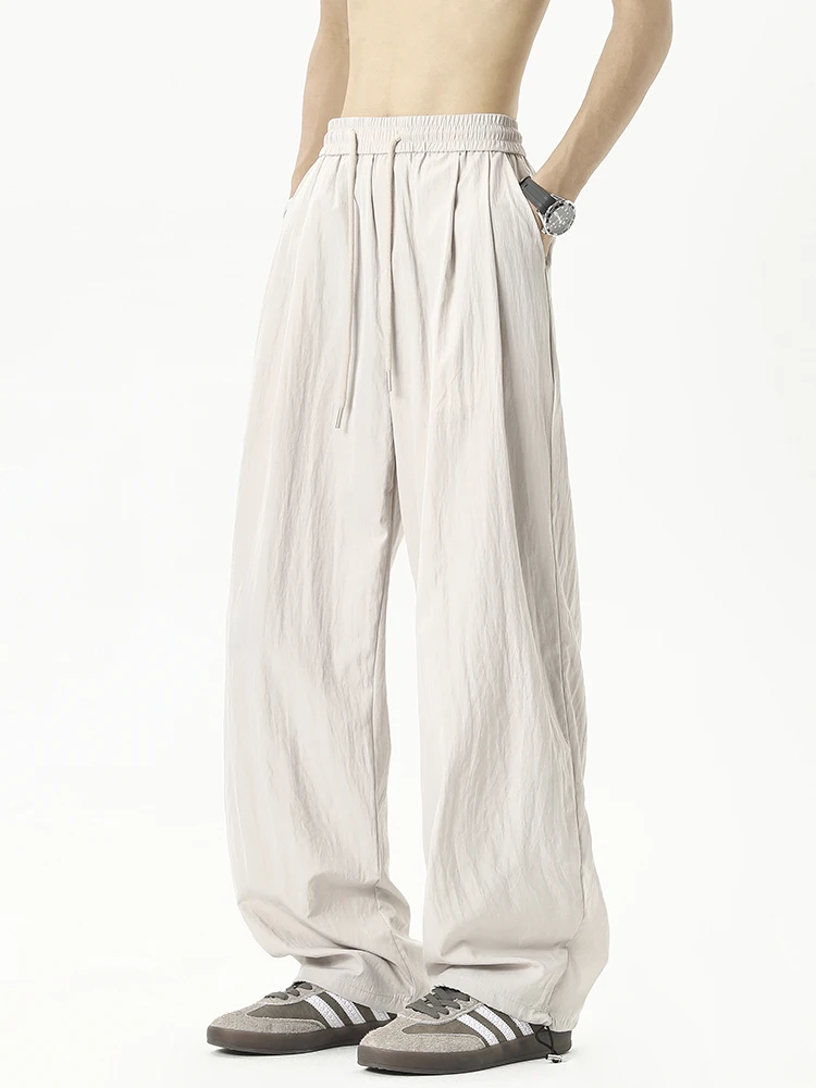 

Новинка 2025, мужские повседневные брюки из ледяного шелка в американском стиле ретро, свободные драпированные длинные брюки с прямыми штанинами, удобные брюки прямого кроя