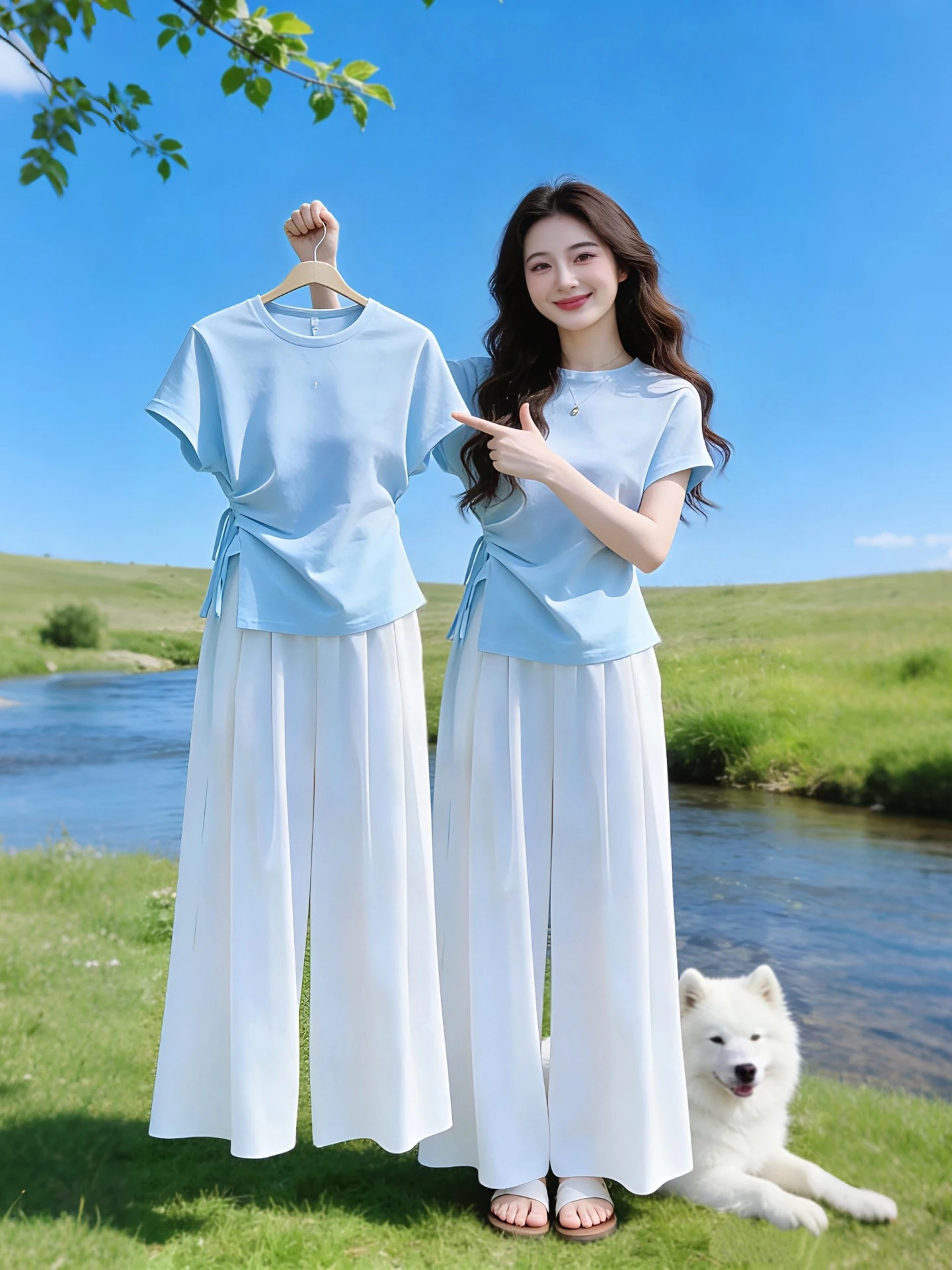 

Новый уникальный красивый женский комплект 2026 года: футболка с коротким рукавом в нежном стиле и брюки с широкими штанинами на кулиске с утягивающим поясом