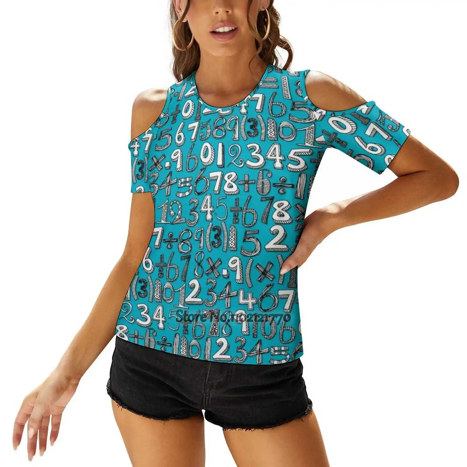 Math Doodle Blue Fashion Print T Shirts Women Ladies Girls T-Shirt Harajuku Short Sleeve Tops & Tees Math Mathematics Numbers