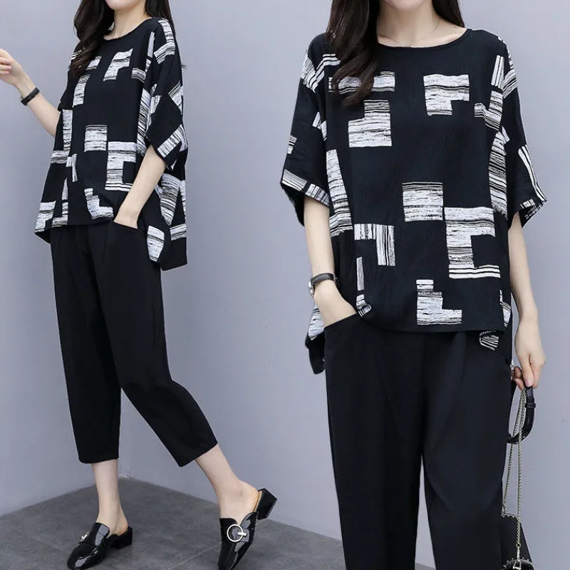 plus Size Women's 200 Pounds Set Loose Short Sleeve Belly Covering Two-Piece Set Comfortable Breathable Casual Sportswear