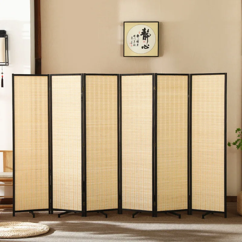 6 Panel Room Divider and Folding Screen Room Divider,natural bamboo material and pinewood frame for Room Separation