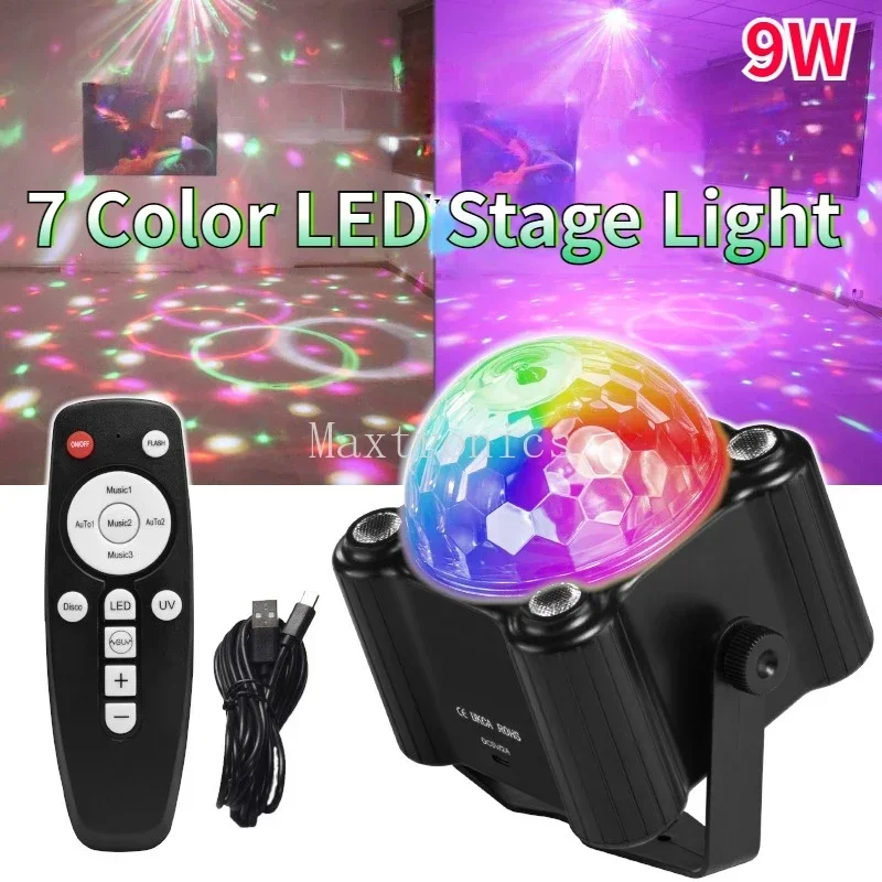 7 Color 9W LED Stage Light Rotation Lamp With Remote Control Sound Activated LED Strobe Magic Ball Light for Disco DJ Bar Party