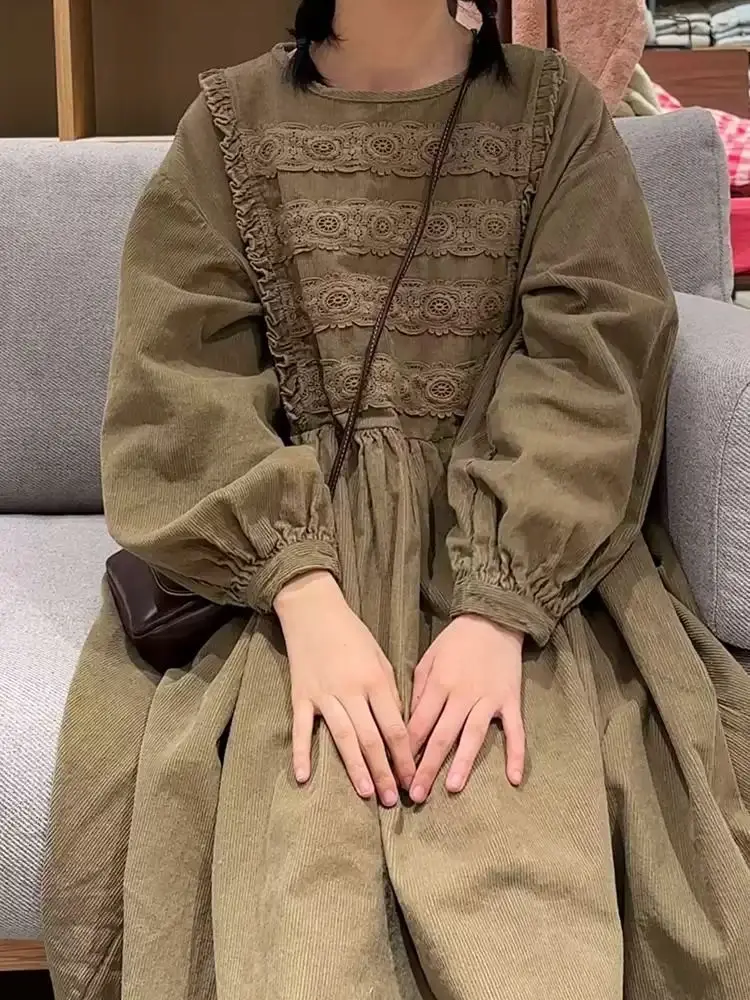 Plus Size 5XL 140KG Winter Corduroy Lace Dresses for Women O Collar Elegant Dress Long Sleeve Loose Oversized Female Dress