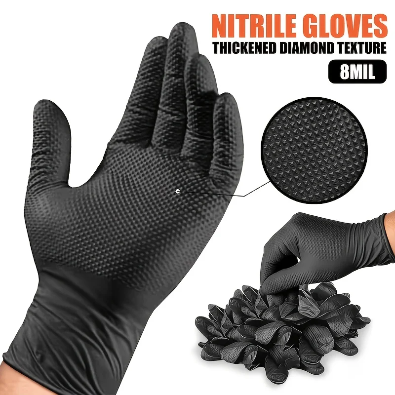 12Pcs Black Diamond Textured Thick Nitrile Gloves, Raised Diamond Pattern Touch Screen Work Gloves, Heavy Duty Disposable Gloves