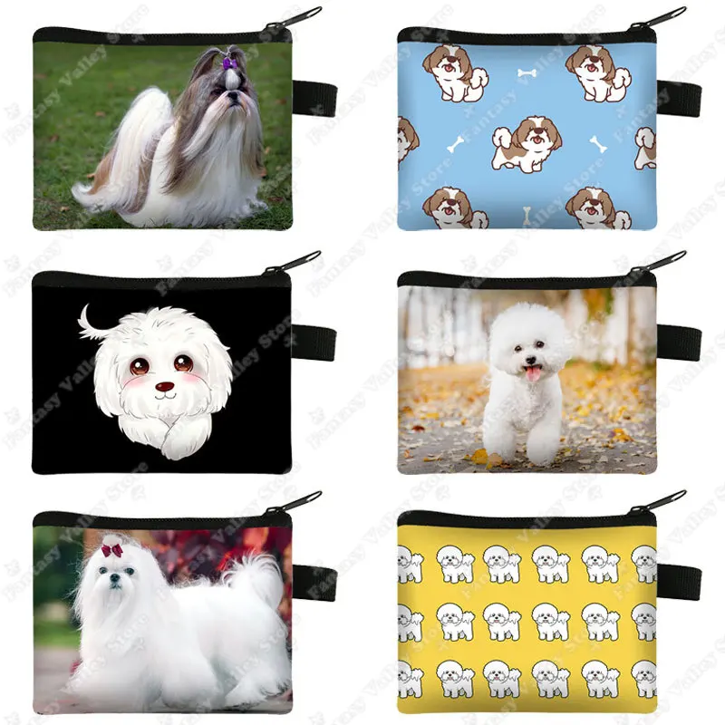 Monedero con estampado de perro Shih Tzu para mujer, Cartera de perro Bichon Frise/auriculares de perro maltés, soporte para llaves, bolsa para monedas de cachorro, bolsa con cremallera