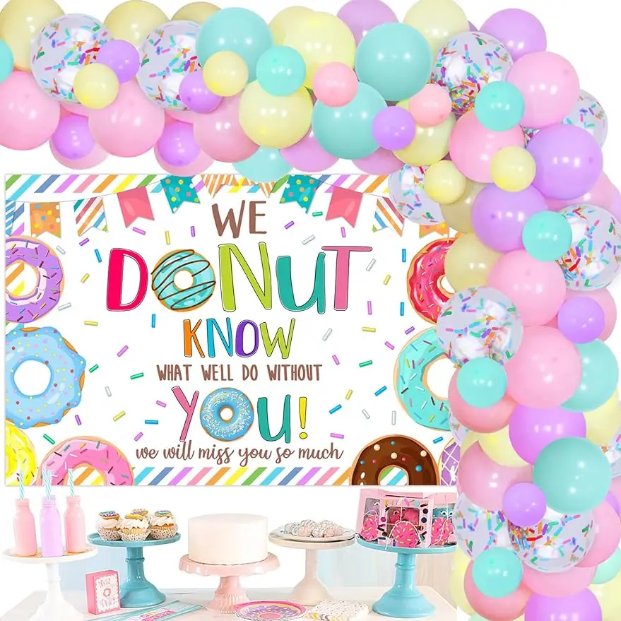 

Donut Going Away Party Decor We Donut Know What We Would Do Without You Backdrop Macaron Balloons for Retirement Farewell Party