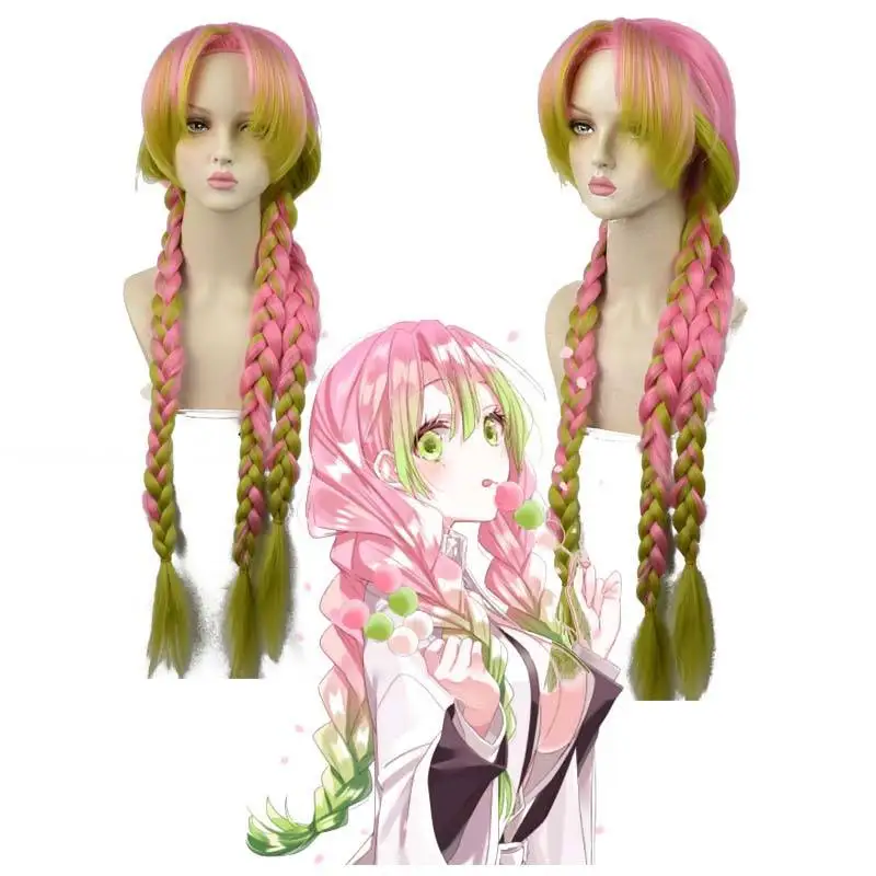 Mitsuri Kanroji parrucca Kimetsu No Yaiba lungo rosa verde resistente al calore capelli Demon Slayer Costume Cosplay parrucca trecce capelli