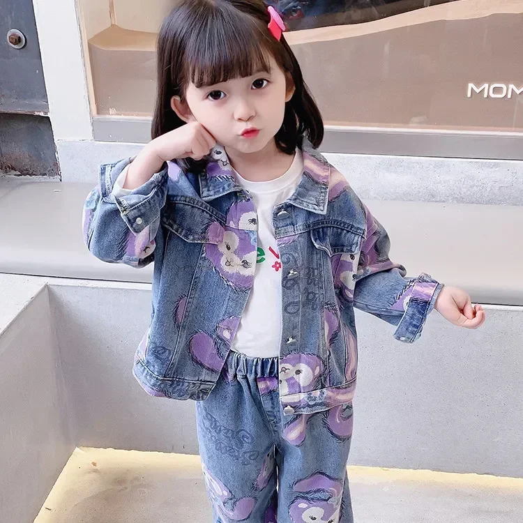 90-140cm Girls Printed Denim Suit Autumn Baby Jacket  Pant 2024 Spring New Cartoon Jeans Baby Girl Baby Two-piece Clothing Set