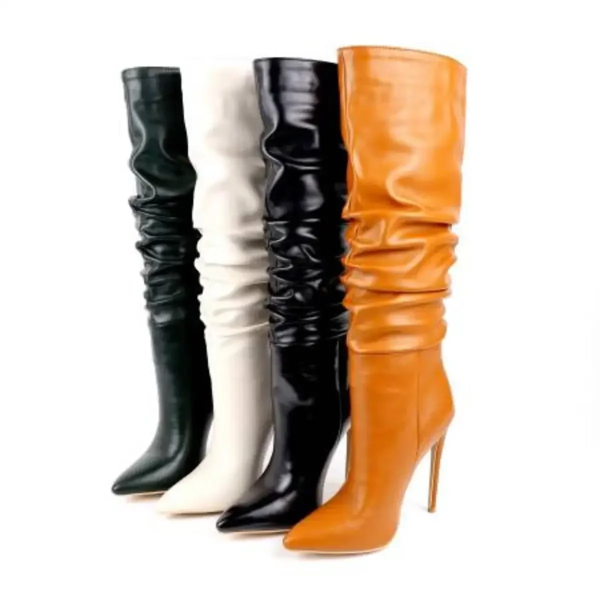 Women Boots High Heel For Womens Platform Classic Fashion Long Pointed Toe Wrinkles Winter