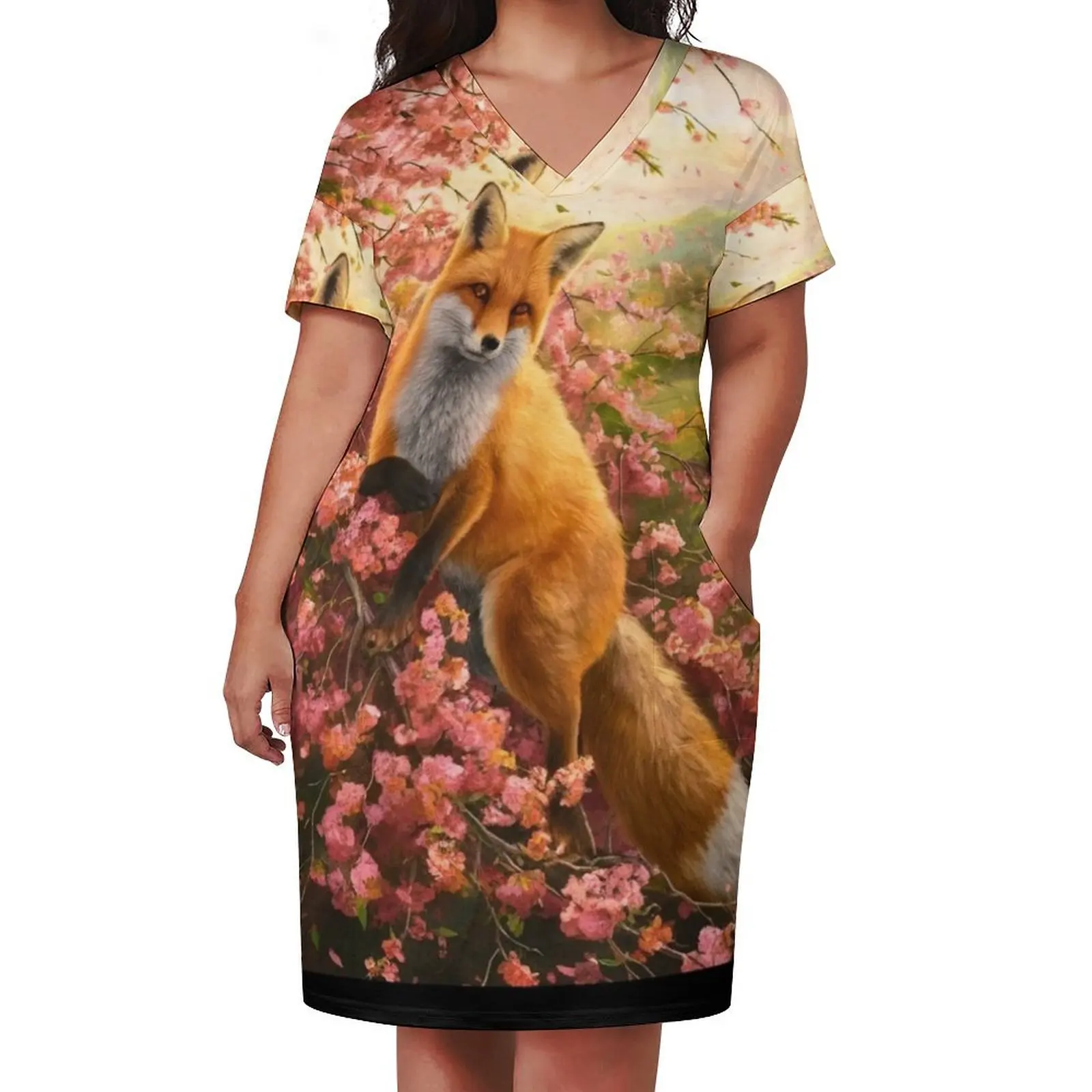 Fox Portrait. Fox with cherry blossom, floral fox, fox painting, Raphael style Loose Pocket Dress Elegant gown