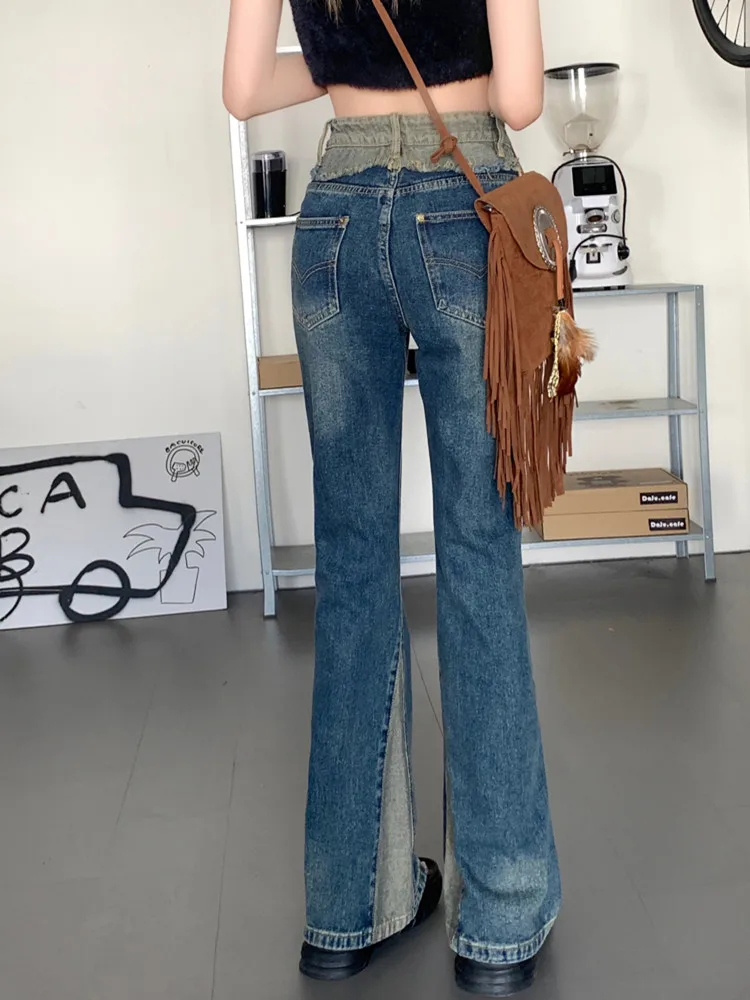 2023 Korean Y2K Patch Vintage Blue Flare Jeans Pants For Women Clothes Harajuku Fashion Casual Lady Denim Trousers Ropa De Mujer