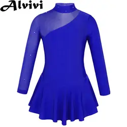 Kids Girls Long Sleeve Figure Ice Skating Dress Sheer Mesh Rhinestones Ballet Dance Leotard Tulle Hollow Roller Skating Dresses