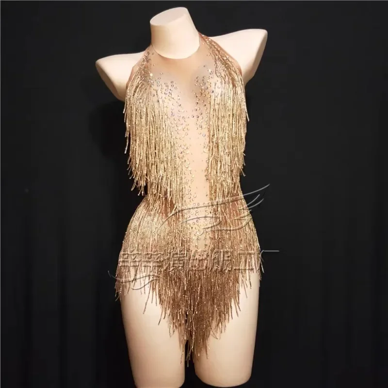 Sexy gold colored diamond tassel connected triangle high fork adult ballet jazz stage performance costume for women