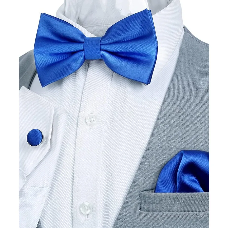 Conjunto formal masculino elegante, incluindo lenço de bolso com gravata borboleta e abotoaduras, perfeito para eventos BlackTie, casamentos e galas com