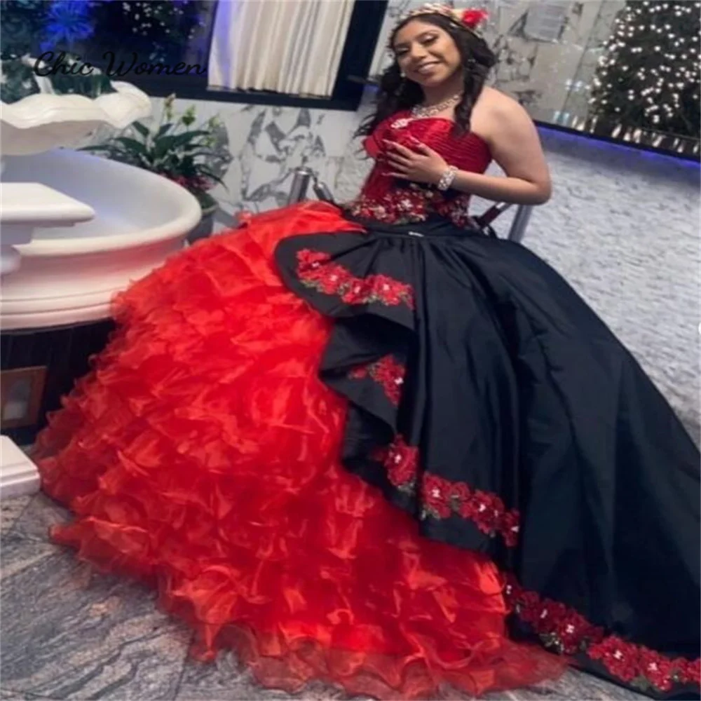 Vestido quinceanera mexicano preto com vermelho, ombros de fora, frisado, babados em camadas, charro, vestidos de 15 anos, xv, festa personalizada