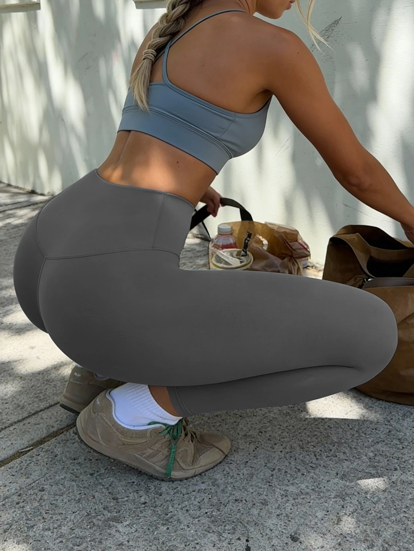 Grey High Waist Yoga Pants Women Casual Workout Leggings Soft Stretch Active Wear For Gym Running Daily Tummy Control Running
