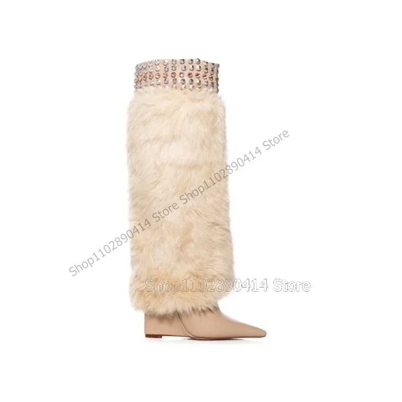 

Beige Fur Crystal Decor Pointed Toe Boots Mid Calf Slip On Women Shoes Wedges Heel Novel Fashion Party 2023 Zapatos Para Mujere