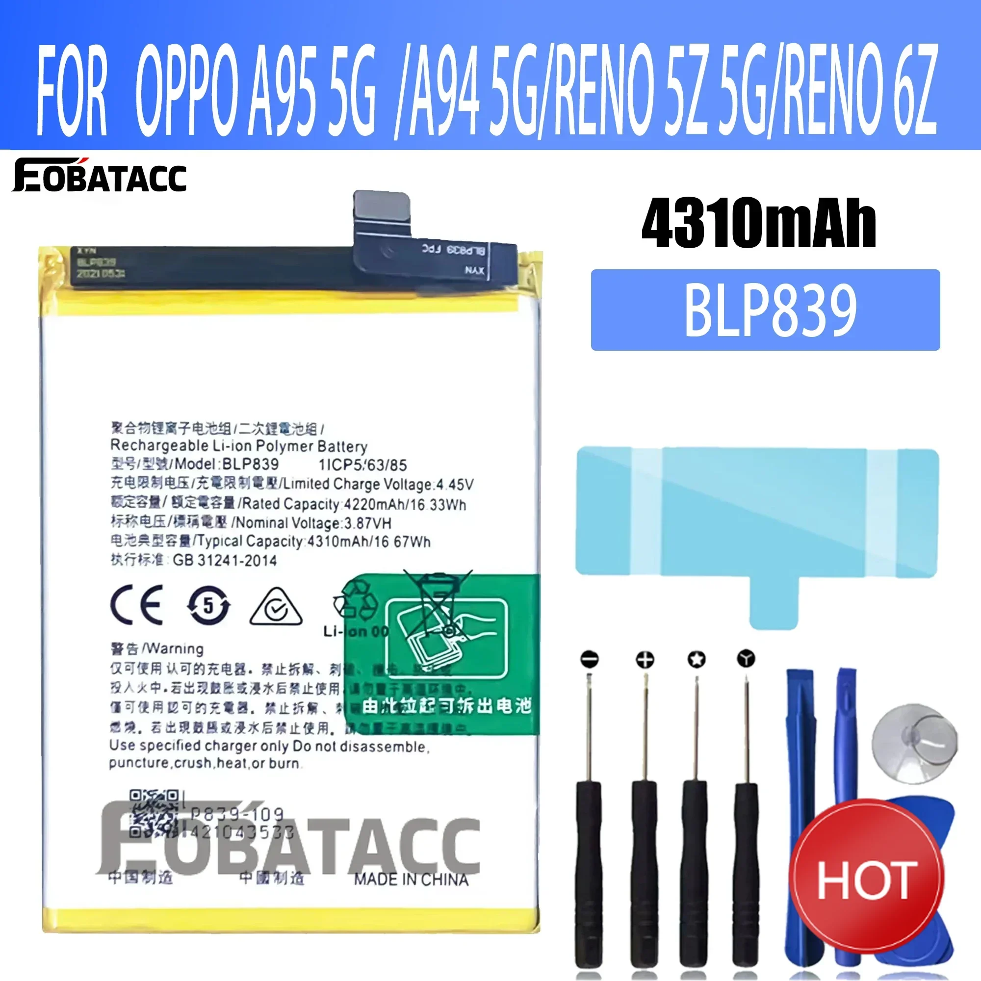 100% New Original Battery  BLP839 For  OPPO A95 5G  /A94 5G/RENO 5Z 5G/RENO 6Z Battery + Free Tools