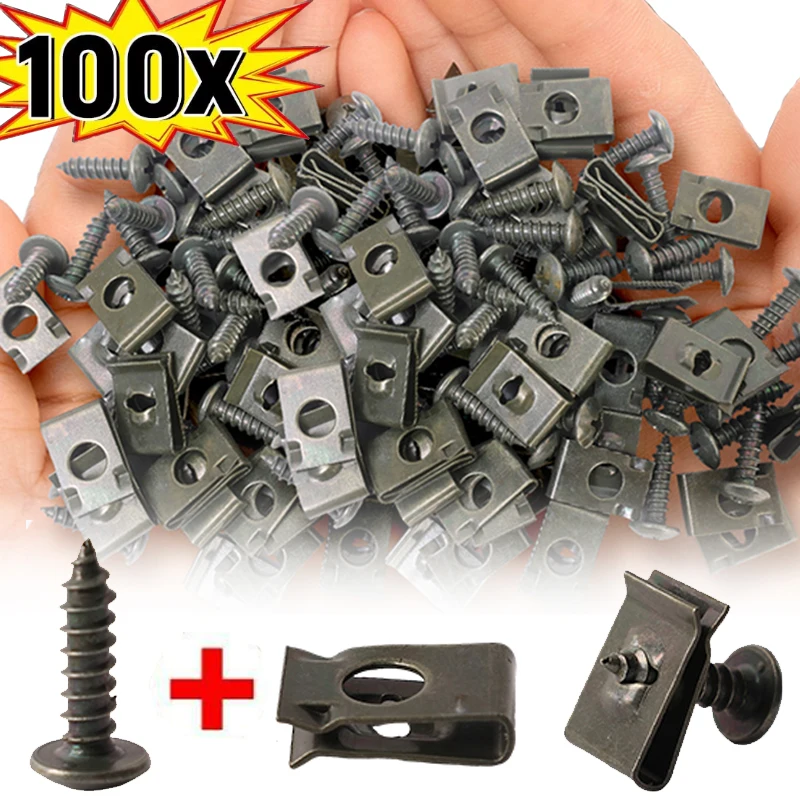 20/100pcs Car Self-tapping Screw Fastener Universal Metal U-Type Clip Self-tapping Screw Set Mudguard Bumper Modification Clips