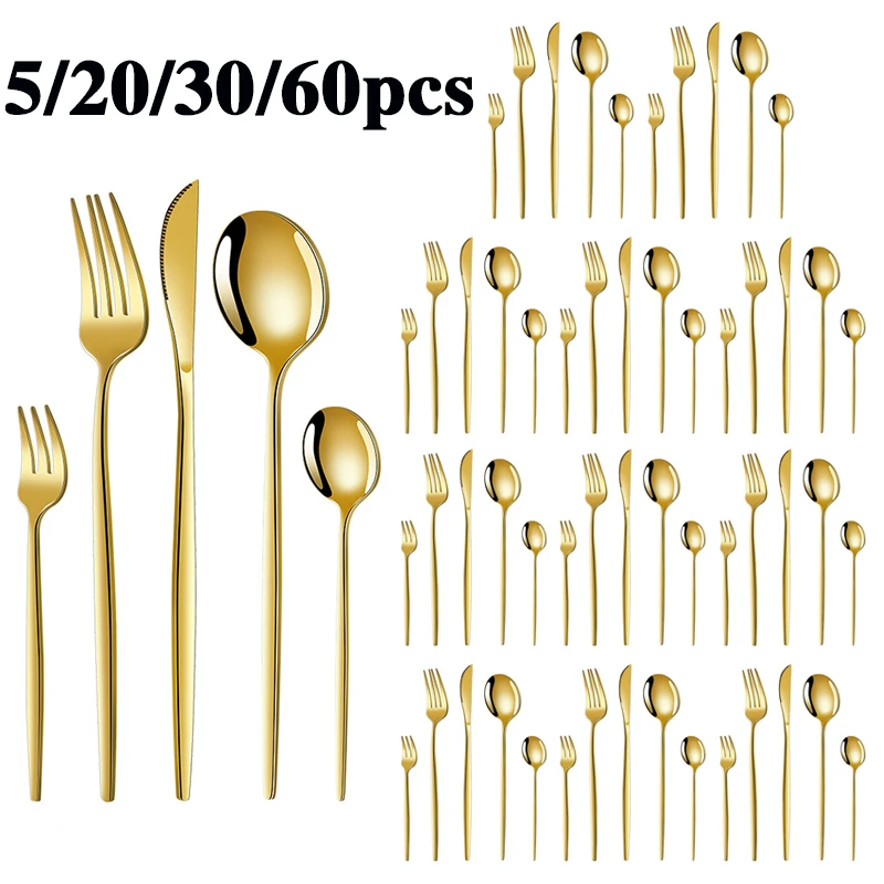5/20/30/60pcs Cross-Border Stainless Steel Cutlery Set, Luxurious Gold Portuguese Cutlery, Suitable for Holiday Parties.