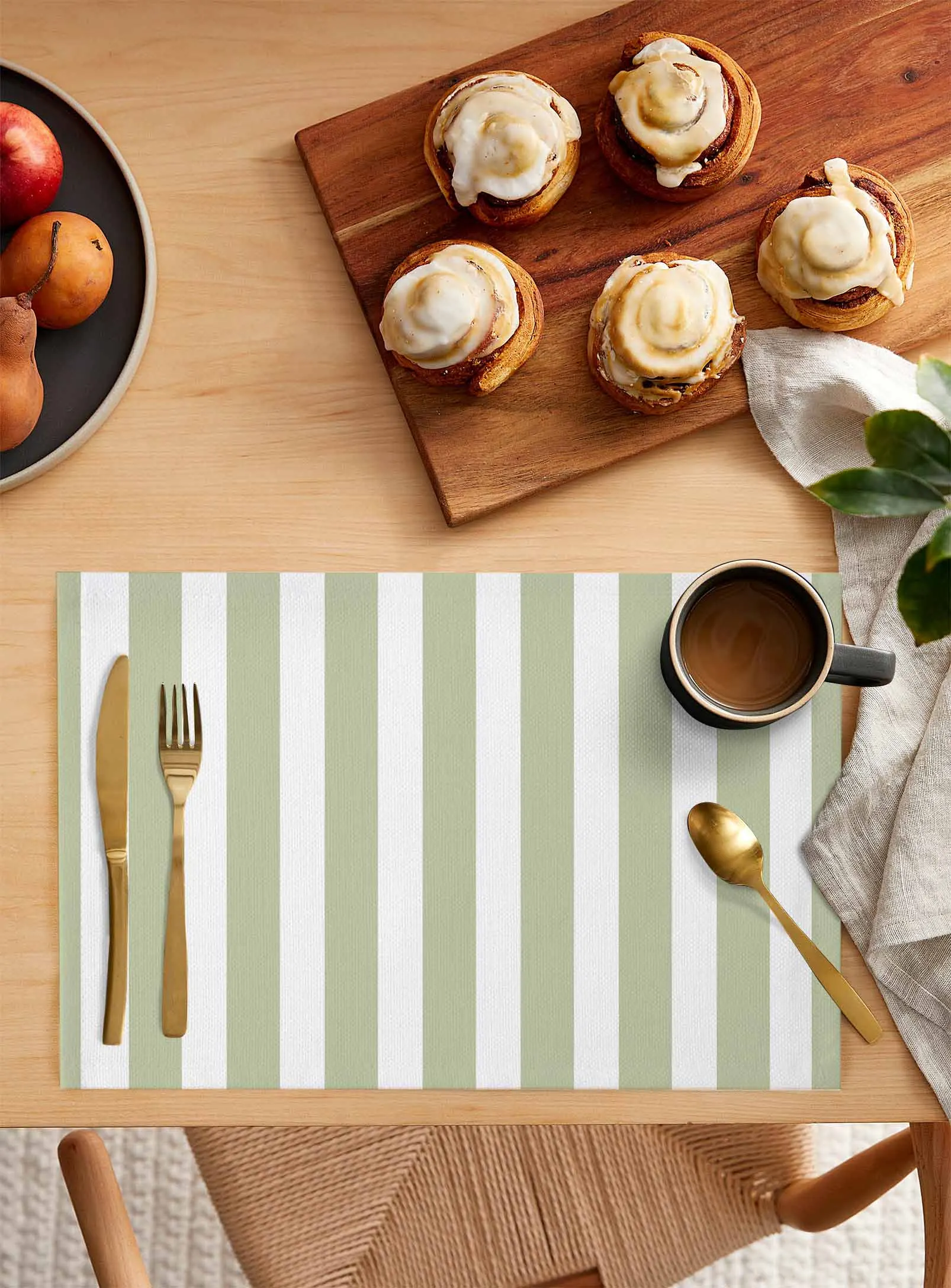 Striped Sage Green Kitchen Tableware Cup Bottle Placemat Coffee Pads 4/6pcs Desktop Mats