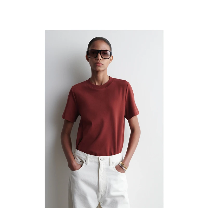 

New Summer Stand Fit round Ne ort Sve T-irt Women's Red Cotton Commute Sle Pure Color Casual round Ne Top