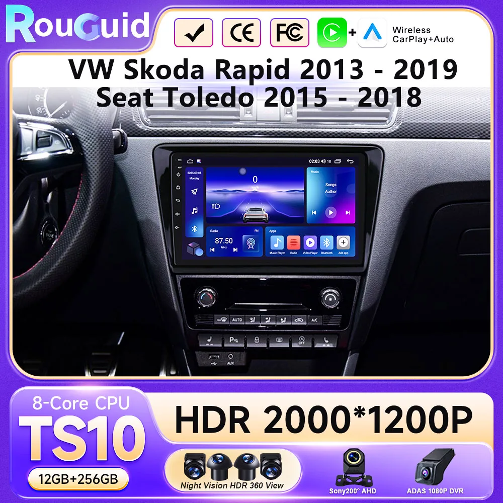 Android 16 Carplay Car Radio For VW Skoda Rapid 2013 - 2019 For Seat Toledo 2015 - 2018 GPS Multimedia Stereo Video Touch QLED