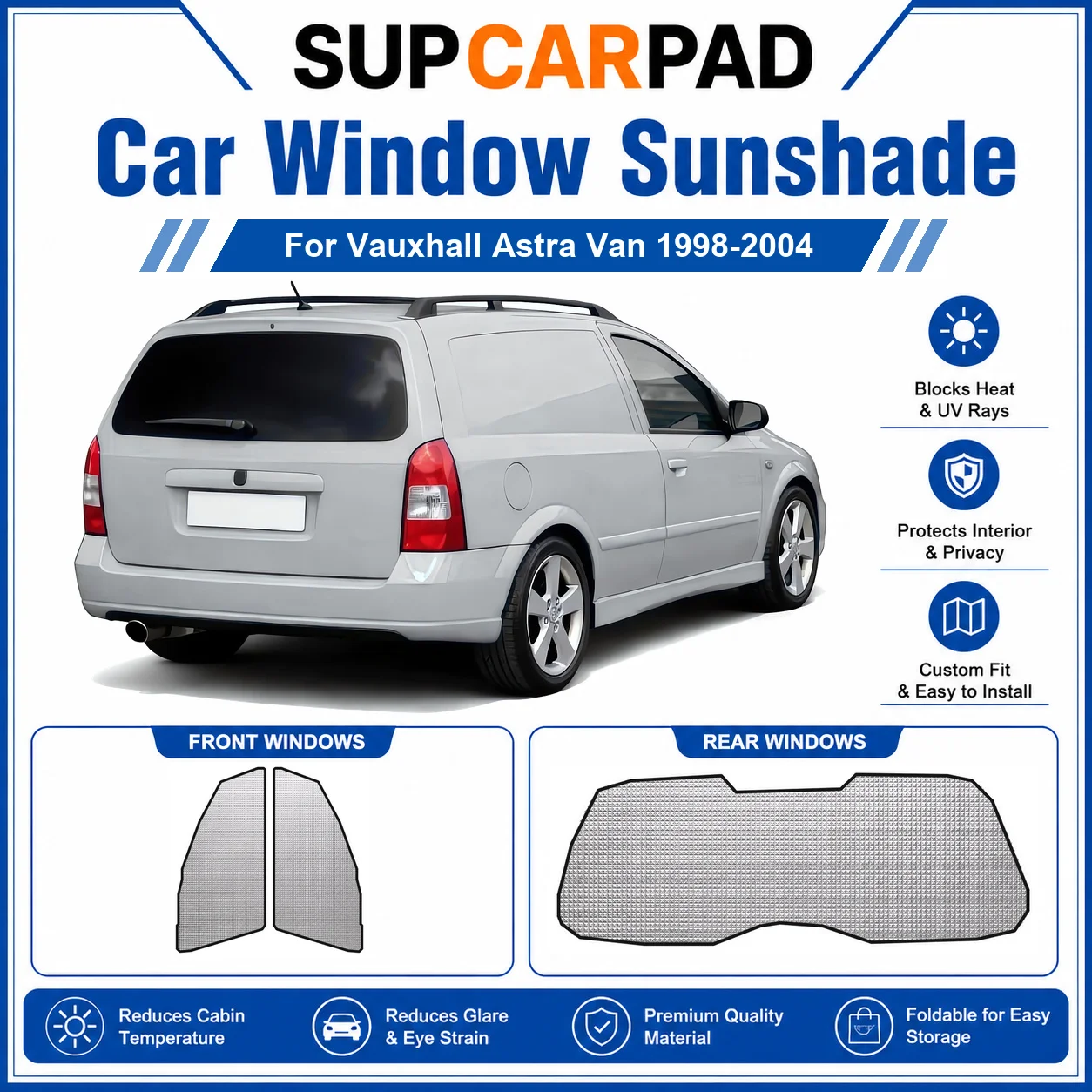 For Vauxhall - Vauxhall Astra Van 1998-2004 Full Set Car Window Sunshades UV Block Privacy Heat Insulated Foldable Car Curtain