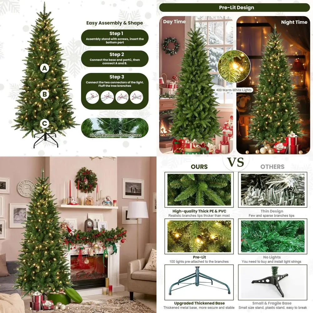 

7-футовая тонкая зеленая рождественская елка-карандаш с 400 теплыми белыми светодиодами и металлической подставкой для декора дома и офиса