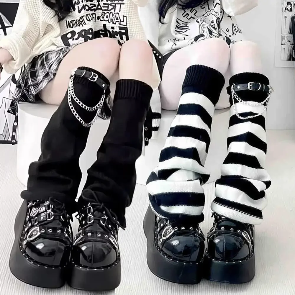 Calcetines largos de Lolita blancos y negros, calcetines de invierno japoneses tejidos, calentadores de piernas góticos a rayas para mujer, calentadores de brazos y tobillos, cubierta de piernas anchas