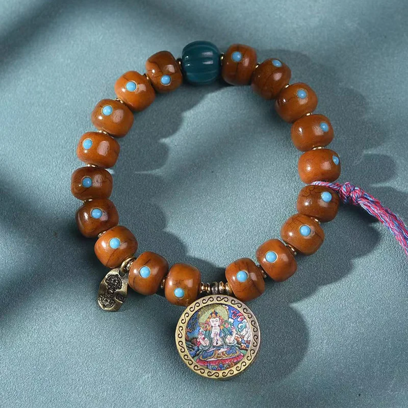 

Tibetan Return Camel Bone Single Circle Bracelet Turquoise Inlaid Four-Armed Avalokiteshvara Thangka Pendant Amulet Amusement Ar