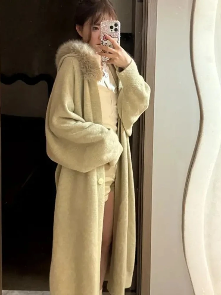 

Women's Fall Winter Oversized Hooded Long Cardigan Korean Style Faux Fur Collar Longline Knit Coat Cozy Slouchy Sweater Jacket