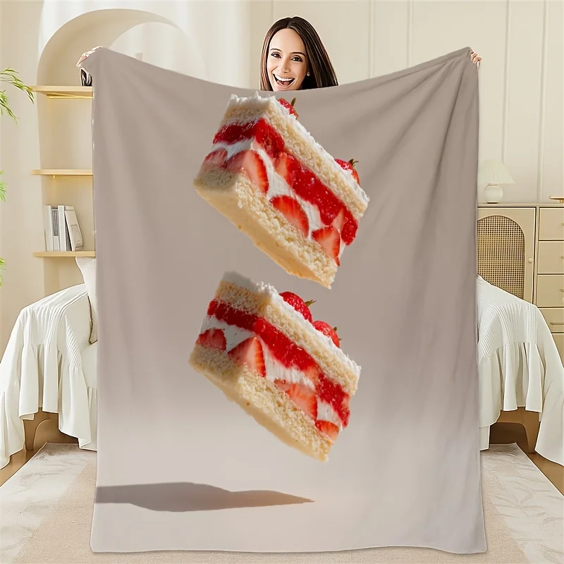 Strawberry cake pattern Flannel printed blanket suitable for all seasons suitable for living room office sofa and travel