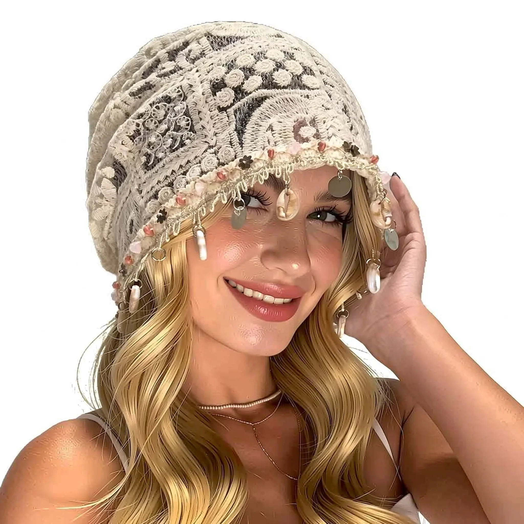 Shell Fringe Hollow-out Layered Hat, Face Slimming Head Covering Cap, Autumn Winter Cold Weather Hat for Daily Outdoor Wear
