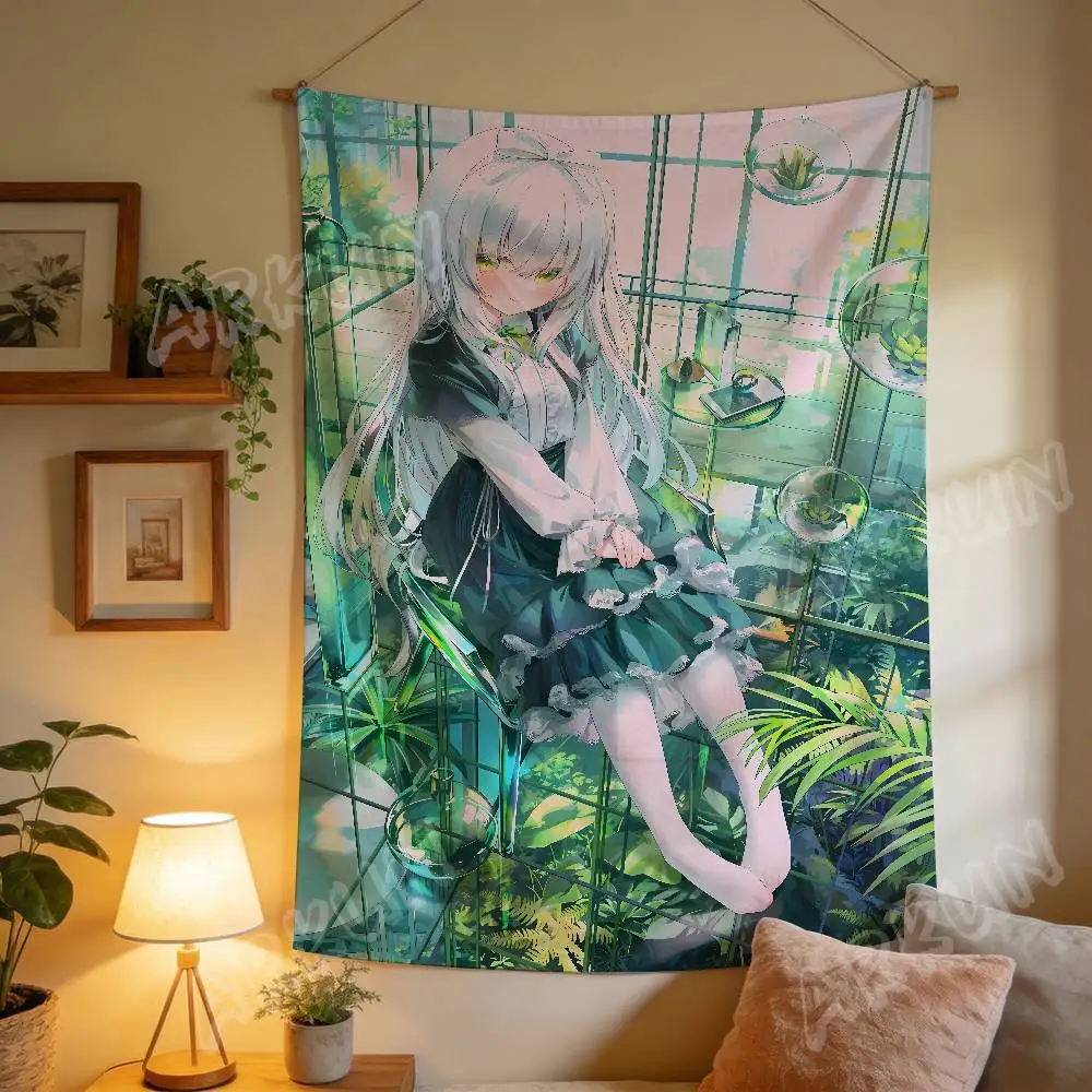 Pretty Anime Girl Greenhouse Tapestry, Silver‑Haired Maiden In Glass Garden Lush Tropical Plant Aesthetic Cloth Home Decor